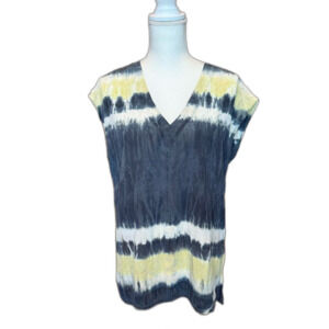 Gypsy 05 Silk Tie Die Short Sleeve Top Blouse Size Medium Gray Yellow White Gold